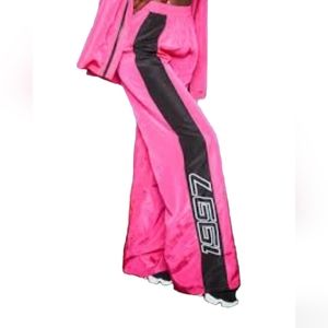 PrettyLittle Thing Pink and Black Wide Leg Windbreaker Pants Size 8